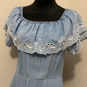 Blue Dress with White Lace Trim